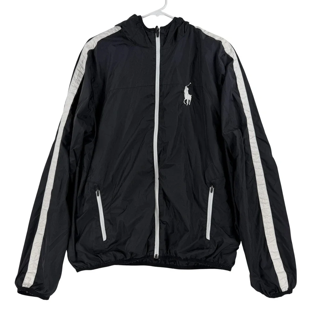 Polo Ralph Lauren Jacket Mens Medium Black‎ Hooded Zip Nylon Windbreaker Polo 67